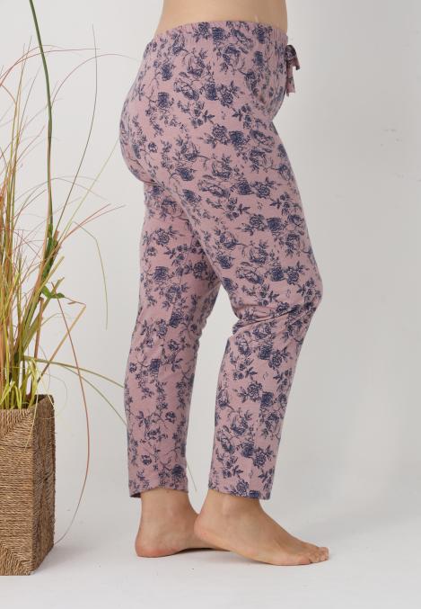 Pantaloni de Pijama Dama Lungi,Big Size,Culoare Roz Pudrat cu Flori Albastre ,Engros